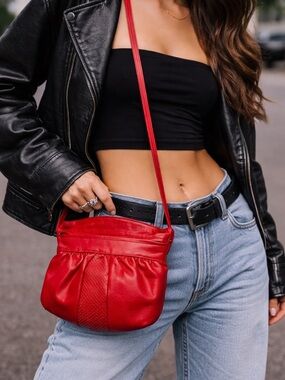 Vintage Red Leather Mini Crossbody Bag Made in France Y2K 90s Perforated Panel